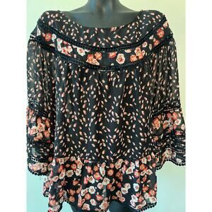 Fever Shear Black Floral Peasant Blouse Crochet Neckline Bell Sleeves Sz XL Boho